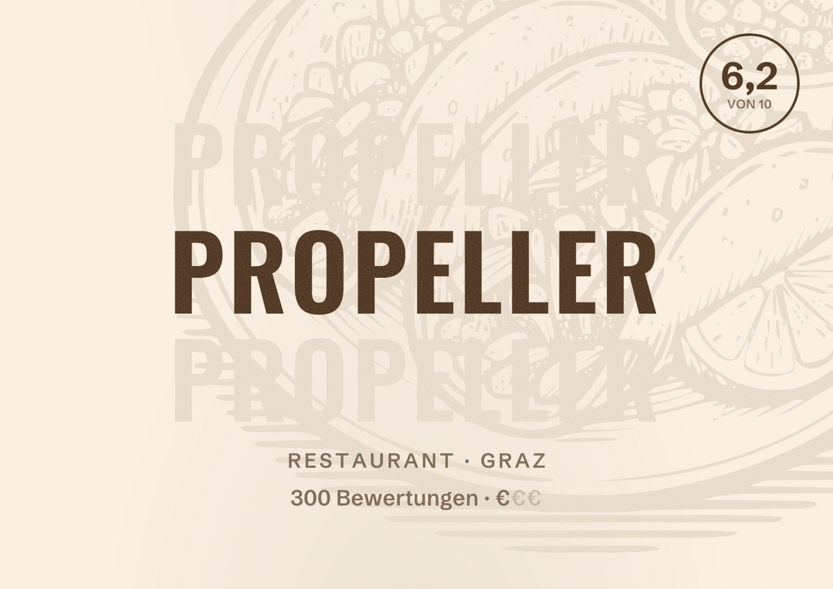 Illustriertes Poster von Propeller, Restaurant in Graz: Bewertung 6,2 von 10 aus 300 Bewertungen, Preisniveau €