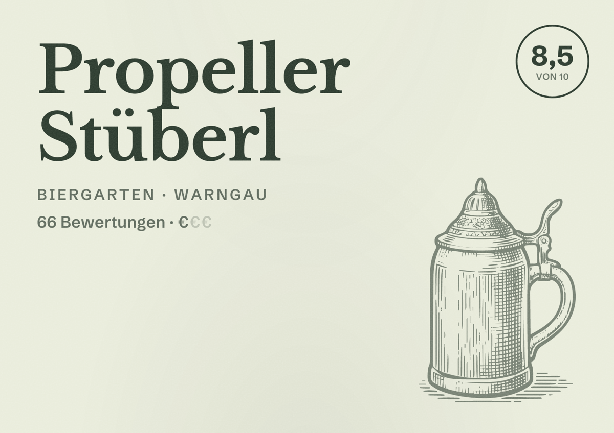 Illustriertes Poster von Propeller Stüberl, Biergarten in Warngau: Bewertung 8,5 von 10 aus 66 Bewertungen, Preisniveau €