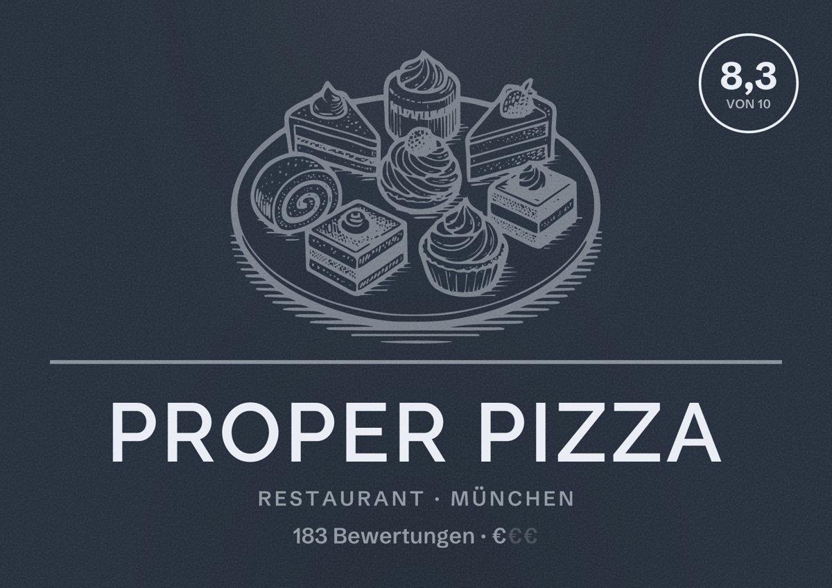 Illustriertes Poster von Proper Pizza, Restaurant in München: Bewertung 8,3 von 10 aus 183 Bewertungen, Preisniveau €