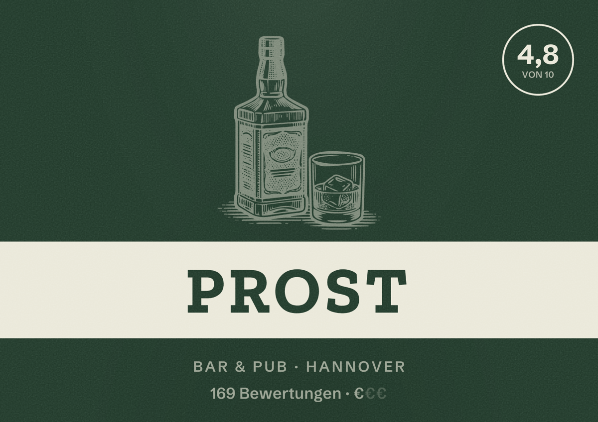 Illustriertes Poster von Prost, Bar & Pub in Hannover: Bewertung 4,8 von 10 aus 169 Bewertungen, Preisniveau €