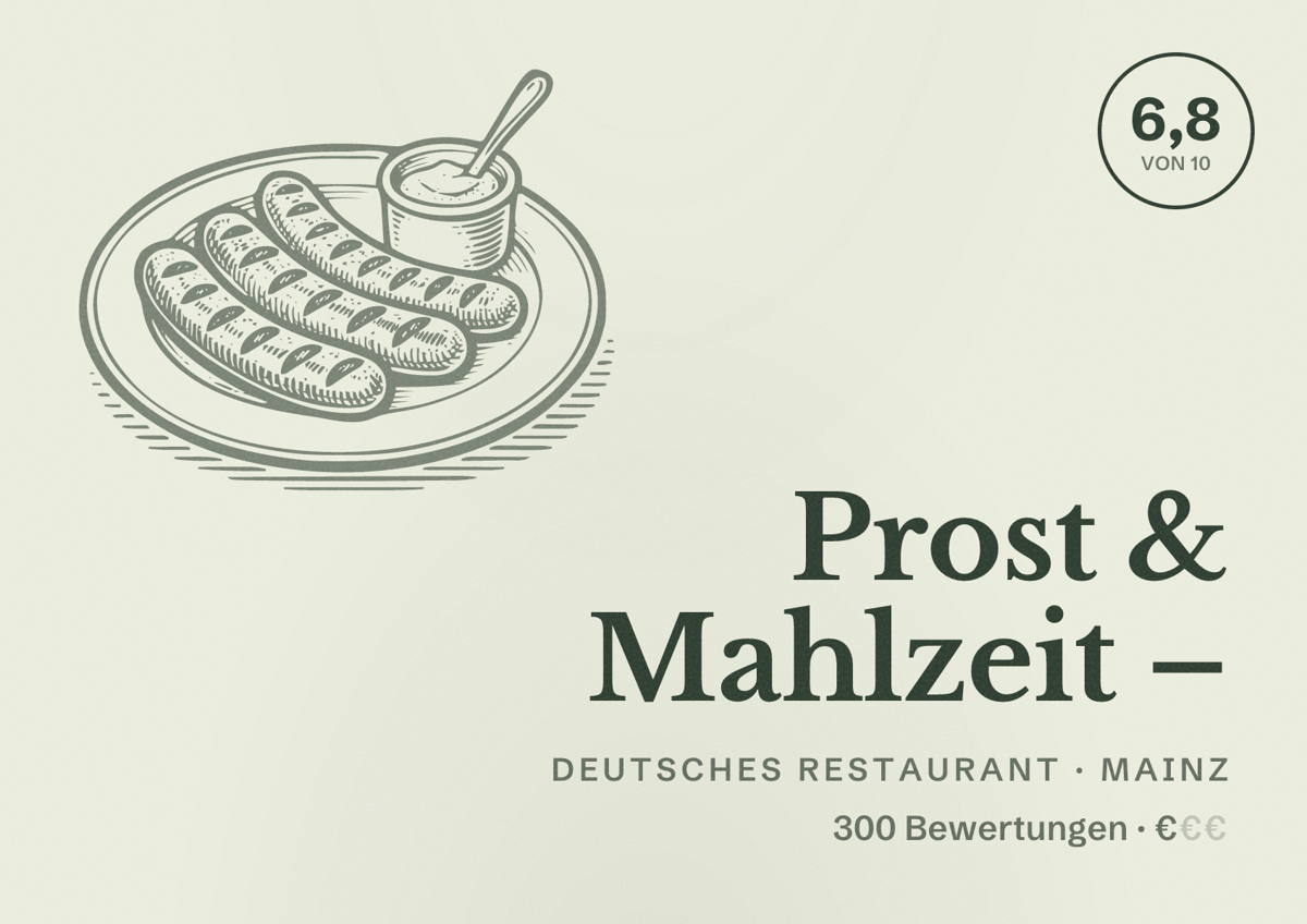 Illustriertes Poster von Prost & Mahlzeit –, Deutsches Restaurant in Mainz: Bewertung 6,8 von 10 aus 300 Bewertungen, Preisniveau €