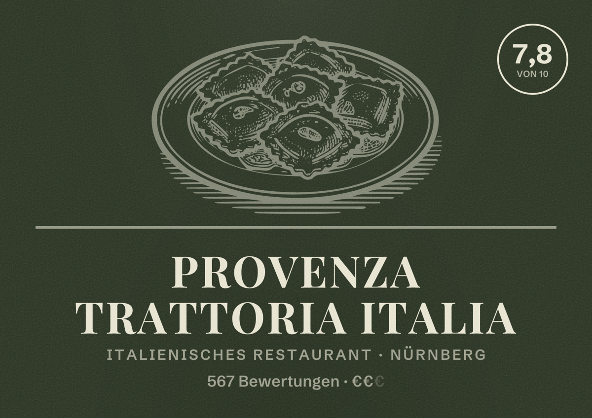 Illustriertes Poster von PROVENZA Trattoria Italia, Italienisches Restaurant in Nürnberg: Bewertung 7,8 von 10 aus 567 Bewertungen, Preisniveau €€
