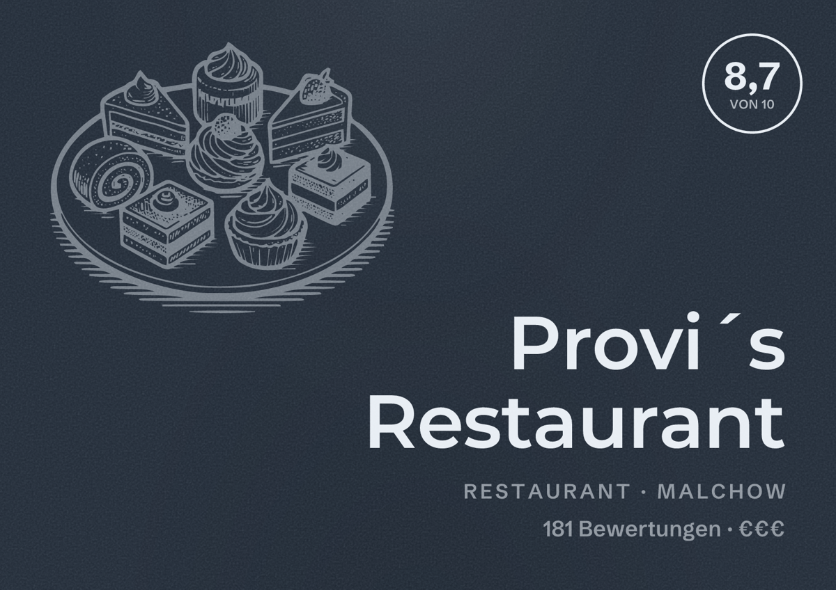 Illustriertes Poster von Provi´s Restaurant, Restaurant in Malchow: Bewertung 8,7 von 10 aus 181 Bewertungen, Preisniveau €€€