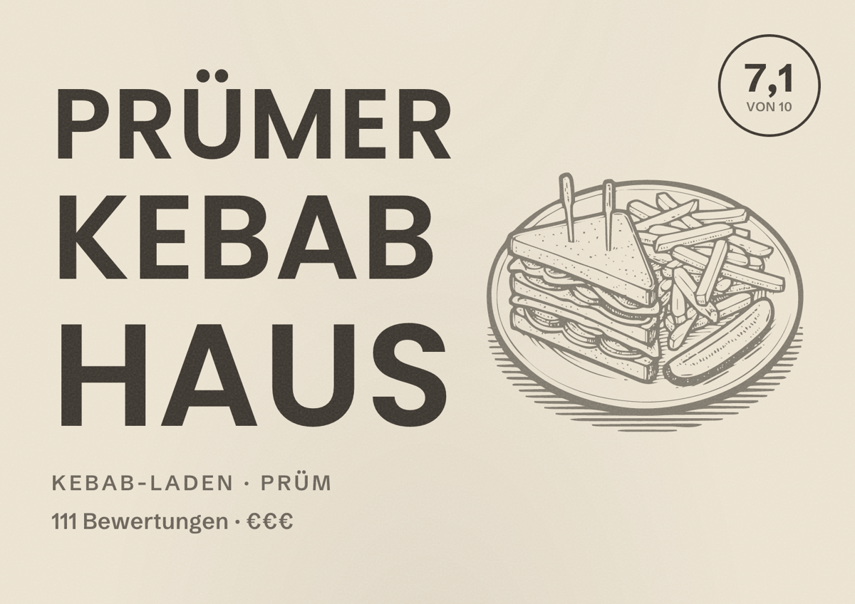 Illustriertes Poster von Prümer Kebab Haus, Kebab-Laden in Prüm: Bewertung 7,1 von 10 aus 111 Bewertungen, Preisniveau €€€