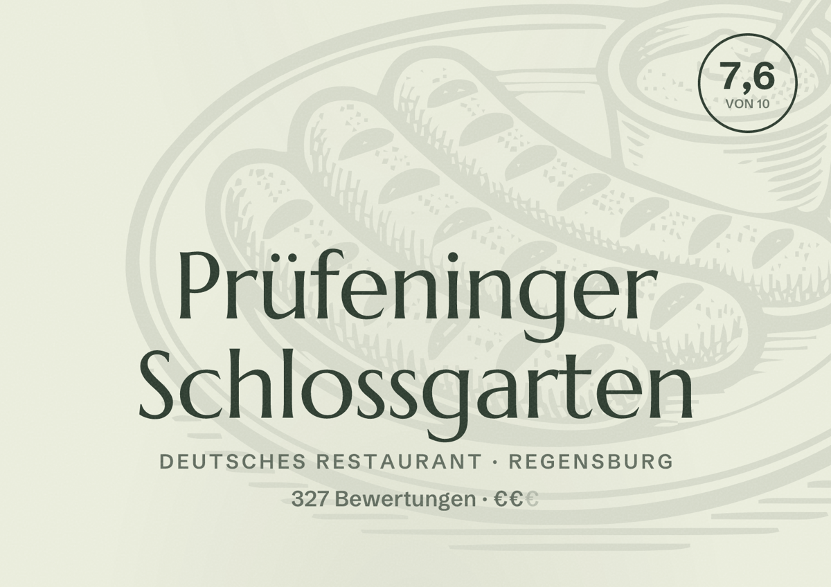Illustriertes Poster von Prüfeninger Schlossgarten, Deutsches Restaurant in Regensburg: Bewertung 7,6 von 10 aus 327 Bewertungen, Preisniveau €€