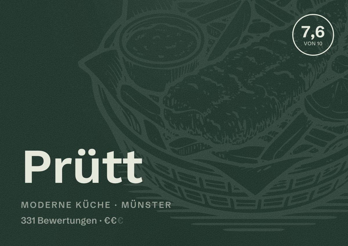 Illustriertes Poster von Prütt, Moderne Küche in Münster: Bewertung 7,6 von 10 aus 331 Bewertungen, Preisniveau €€
