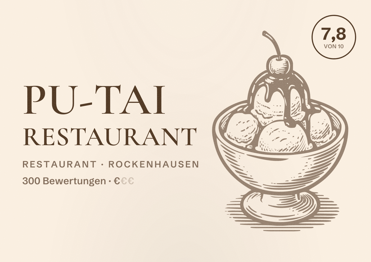Illustriertes Poster von Pu-Tai Restaurant, Restaurant in Rockenhausen: Bewertung 7,8 von 10 aus 300 Bewertungen, Preisniveau €