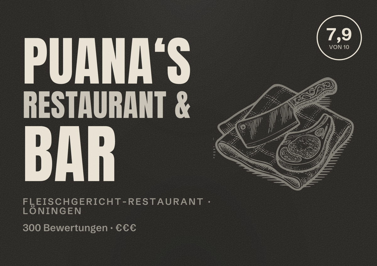 Illustriertes Poster von Puana‘S Restaurant & Bar, Fleischgericht-Restaurant in Löningen: Bewertung 7,9 von 10 aus 300 Bewertungen, Preisniveau €€€