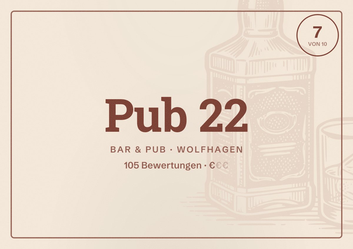 Illustriertes Poster von Pub 22, Bar & Pub in Wolfhagen: Bewertung 7 von 10 aus 105 Bewertungen, Preisniveau €