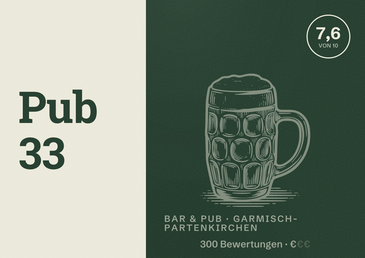 Illustriertes Poster von Pub 33, Bar & Pub in Garmisch-Partenkirchen: Bewertung 7,6 von 10 aus 300 Bewertungen, Preisniveau €