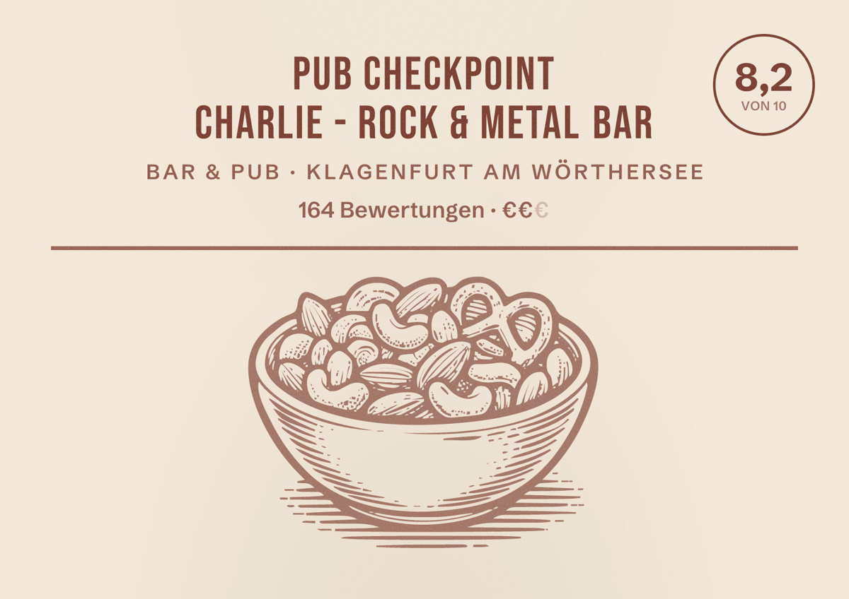 Illustriertes Poster von Pub Checkpoint Charlie - Rock & Metal Bar, Bar & Pub in Klagenfurt am Wörthersee: Bewertung 8,2 von 10 aus 164 Bewertungen, Preisniveau €€