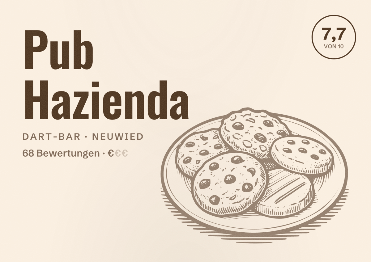 Illustriertes Poster von Pub Hazienda, Dart-Bar in Neuwied: Bewertung 7,7 von 10 aus 68 Bewertungen, Preisniveau €