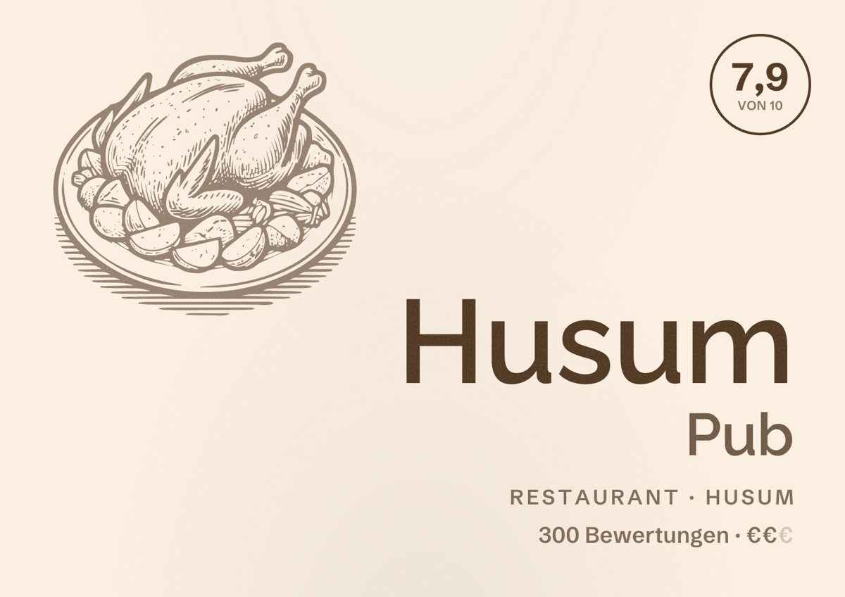 Illustriertes Poster von Husum Pub, Restaurant in Husum: Bewertung 7,9 von 10 aus 300 Bewertungen, Preisniveau €€