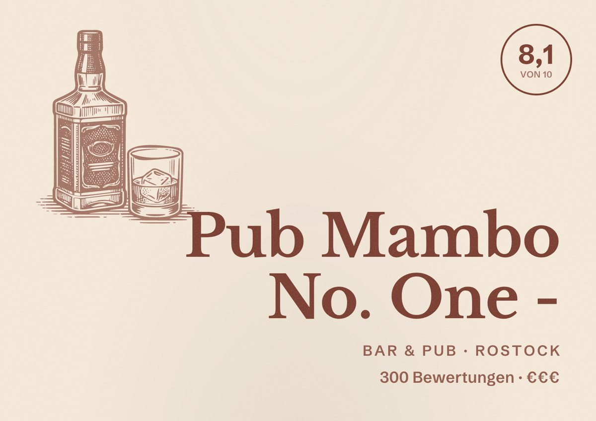 Illustriertes Poster von Pub Mambo No. One -, Bar & Pub in Rostock: Bewertung 8,1 von 10 aus 300 Bewertungen, Preisniveau €€€
