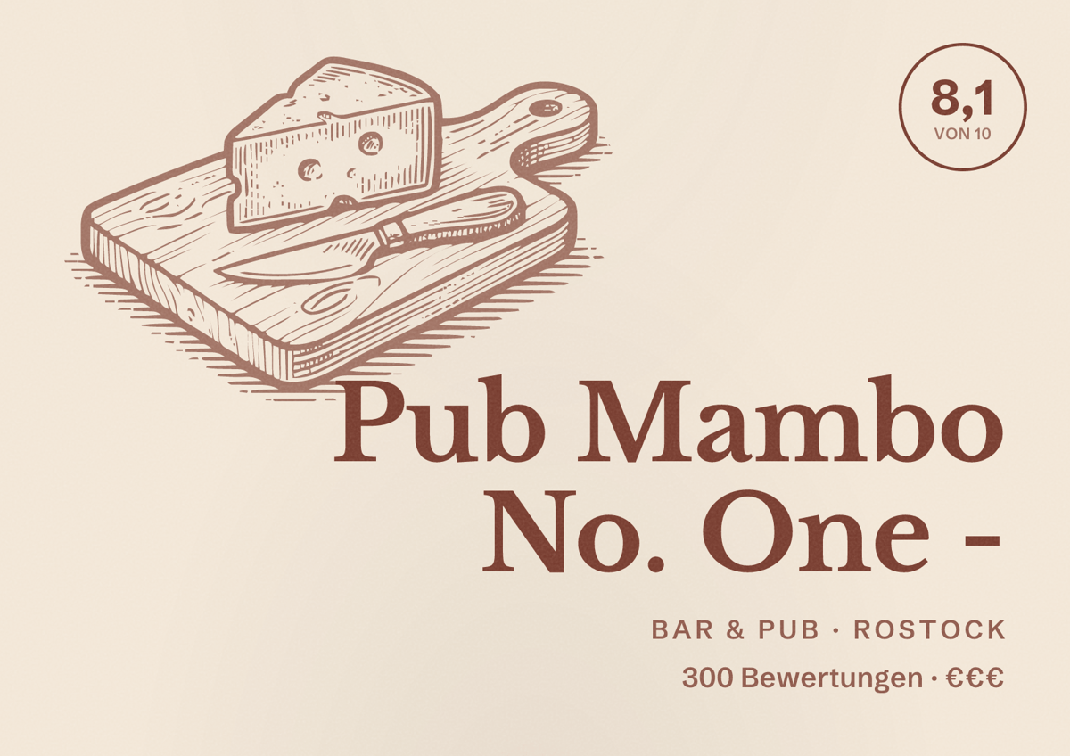 Illustriertes Poster von Pub Mambo No. One -, Bar & Pub in Rostock: Bewertung 8,1 von 10 aus 300 Bewertungen, Preisniveau €€€