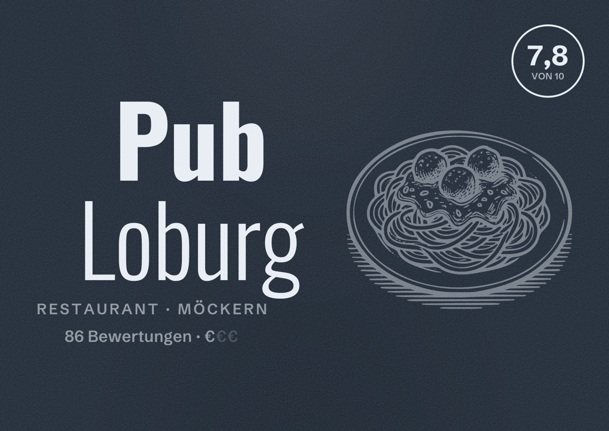 Illustriertes Poster von Pub Loburg, Restaurant in Möckern: Bewertung 7,8 von 10 aus 86 Bewertungen, Preisniveau €