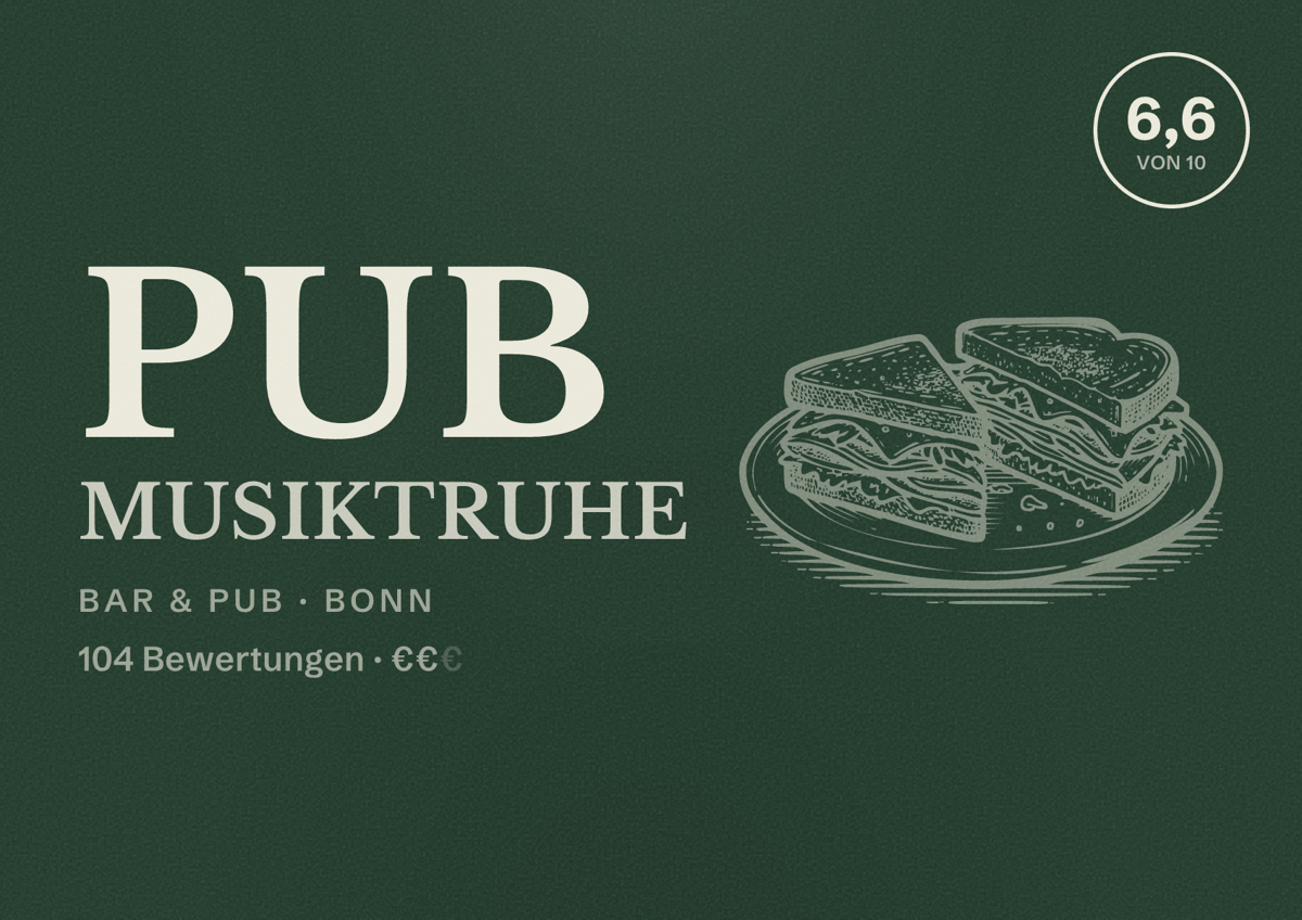 Illustriertes Poster von Pub Musiktruhe, Bar & Pub in Bonn: Bewertung 6,6 von 10 aus 104 Bewertungen, Preisniveau €€