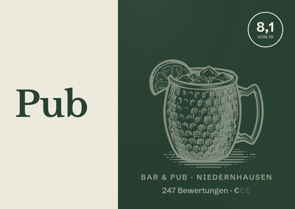 Illustriertes Poster von Pub, Bar & Pub in Niedernhausen: Bewertung 8,1 von 10 aus 247 Bewertungen, Preisniveau €