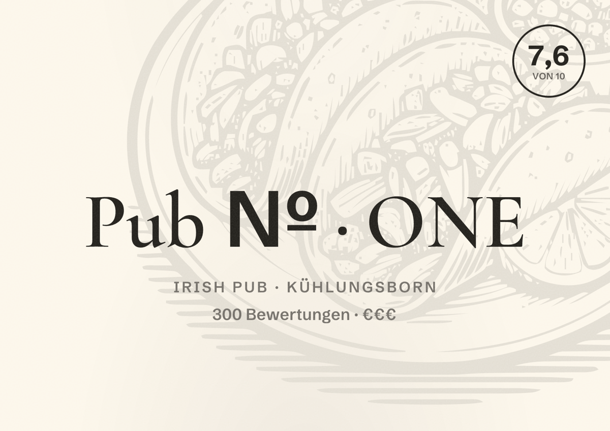 Illustriertes Poster von Pub № ONE, Irish Pub in Kühlungsborn: Bewertung 7,6 von 10 aus 300 Bewertungen, Preisniveau €€€