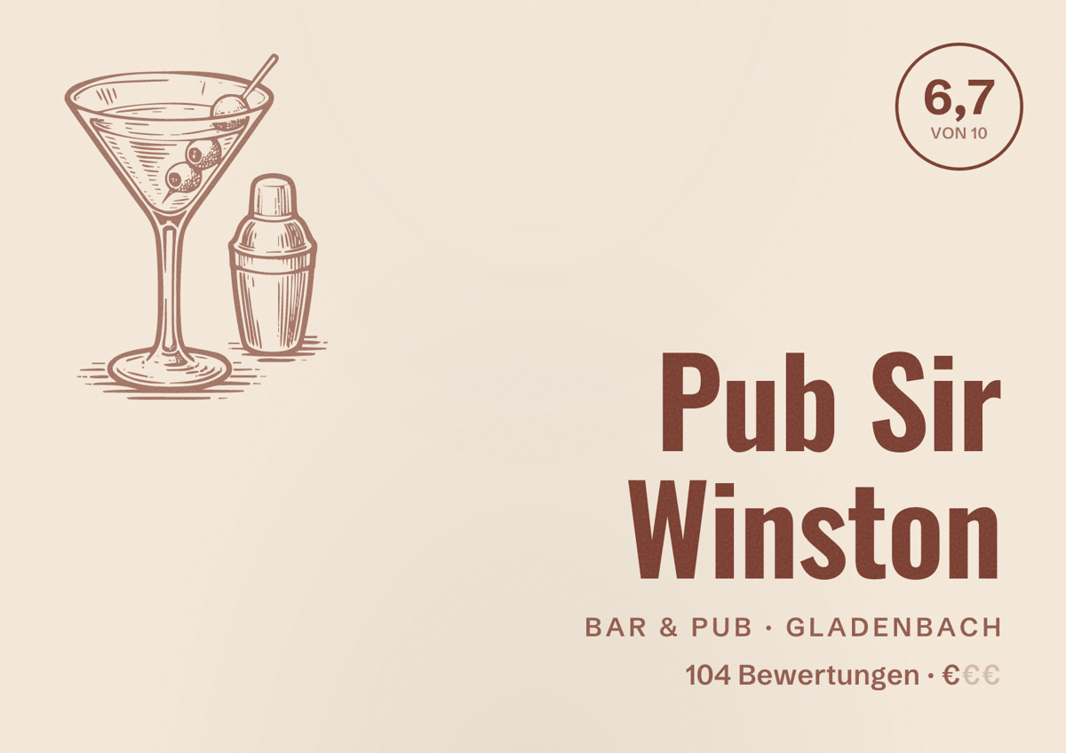 Illustriertes Poster von Pub Sir Winston, Bar & Pub in Gladenbach: Bewertung 6,7 von 10 aus 104 Bewertungen, Preisniveau €