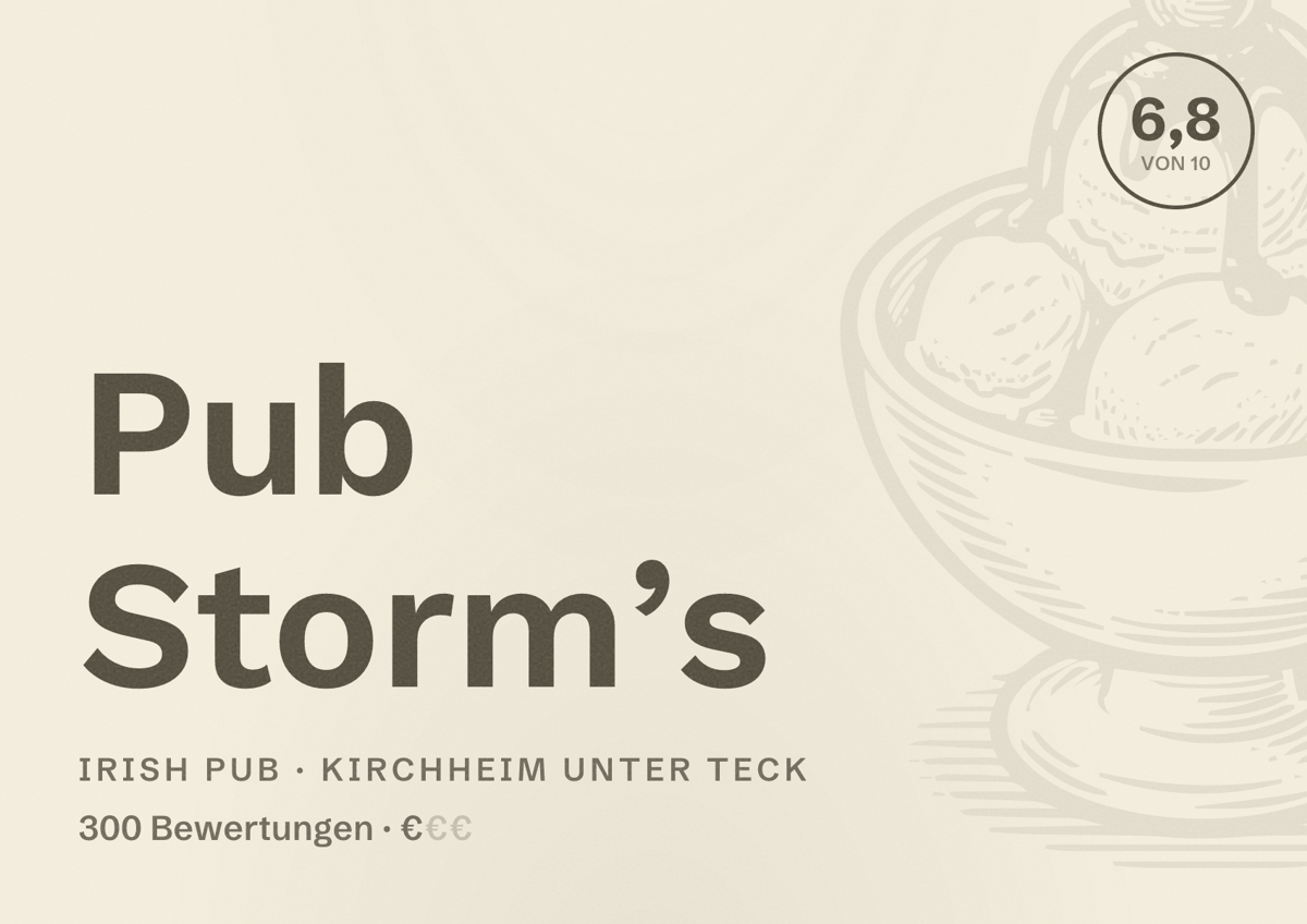 Illustriertes Poster von Pub Storm’s, Irish Pub in Kirchheim unter Teck: Bewertung 6,8 von 10 aus 300 Bewertungen, Preisniveau €