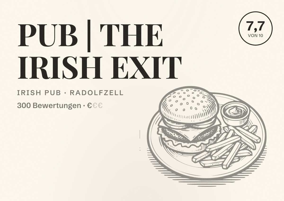 Illustriertes Poster von PUB | THE IRISH EXIT, Irish Pub in Radolfzell: Bewertung 7,7 von 10 aus 300 Bewertungen, Preisniveau €