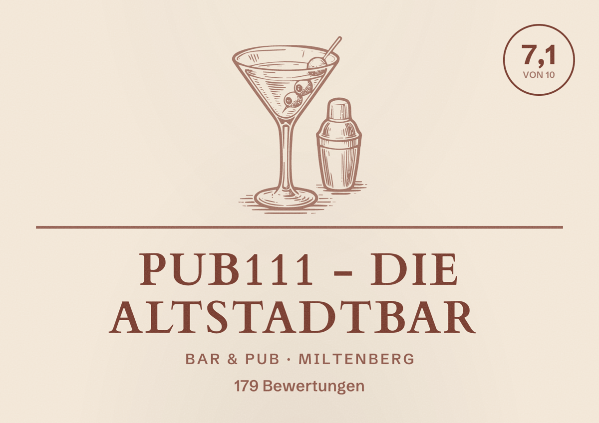Illustriertes Poster von Pub111 - Die Altstadtbar, Bar & Pub in Miltenberg: Bewertung 7,1 von 10 aus 179 Bewertungen