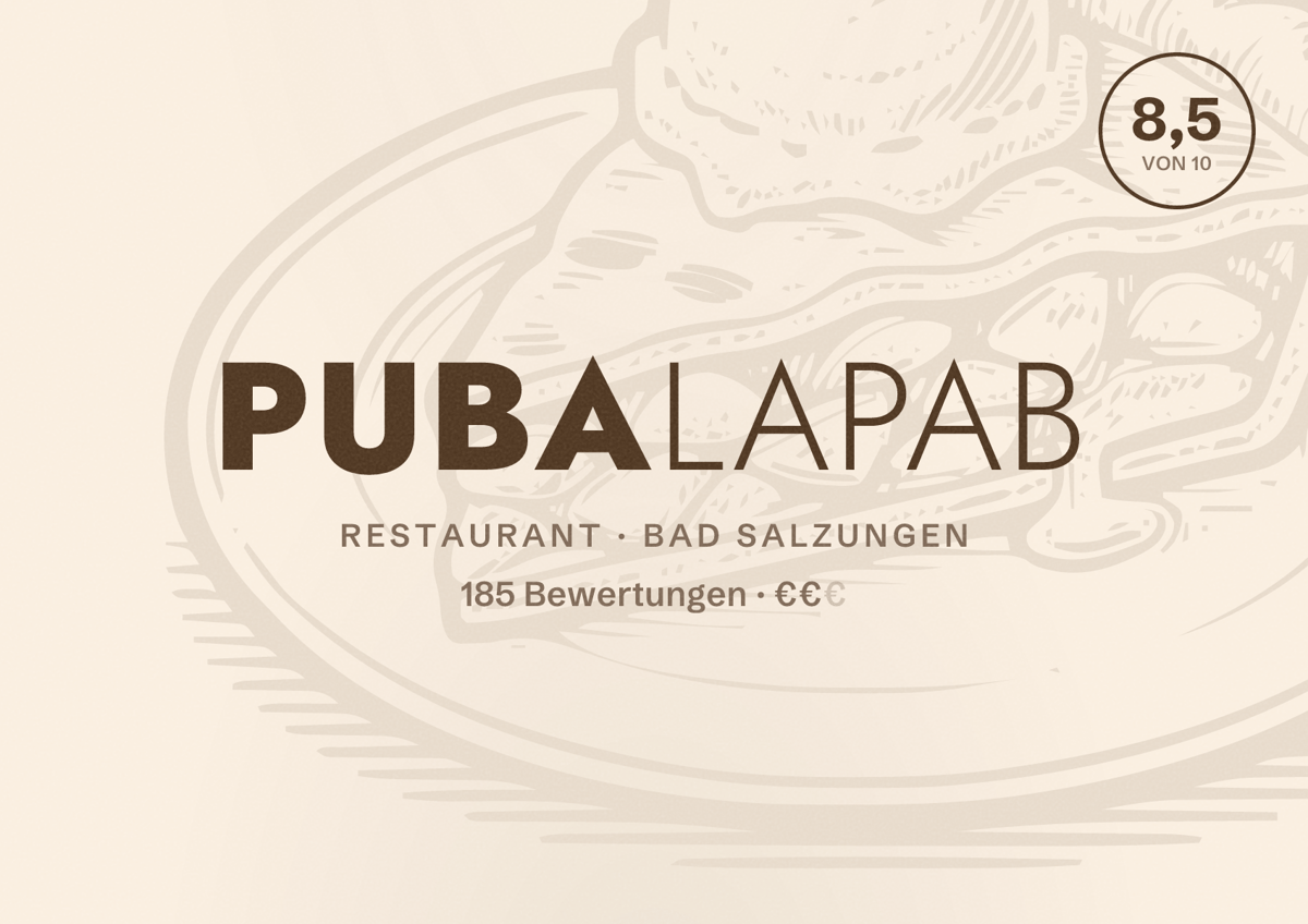 Illustriertes Poster von PUBalaPAB, Restaurant in Bad Salzungen: Bewertung 8,5 von 10 aus 185 Bewertungen, Preisniveau €€