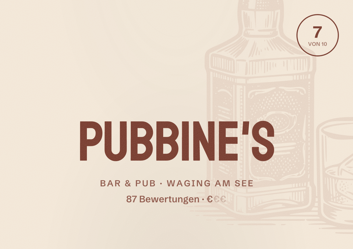 Illustriertes Poster von Pubbine's, Bar & Pub in Waging am See: Bewertung 7 von 10 aus 87 Bewertungen, Preisniveau €