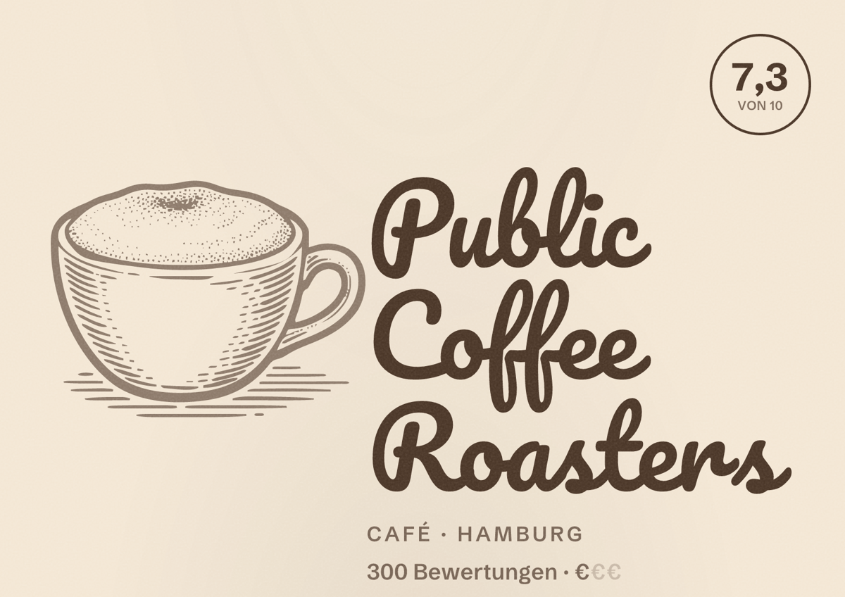 Illustriertes Poster von Public Coffee Roasters, Café in Hamburg: Bewertung 7,3 von 10 aus 300 Bewertungen, Preisniveau €