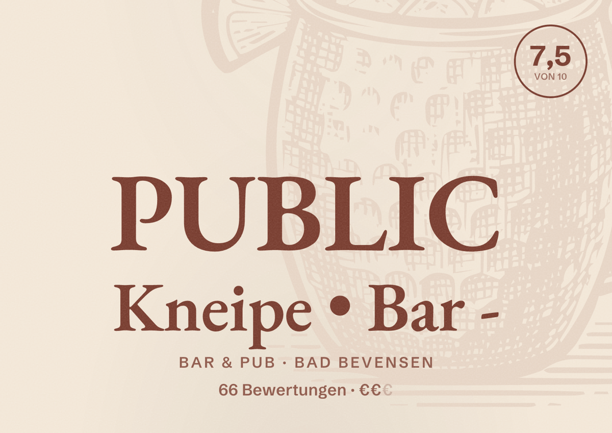 Illustriertes Poster von PUBLIC Kneipe • Bar -, Bar & Pub in Bad Bevensen: Bewertung 7,5 von 10 aus 66 Bewertungen, Preisniveau €€