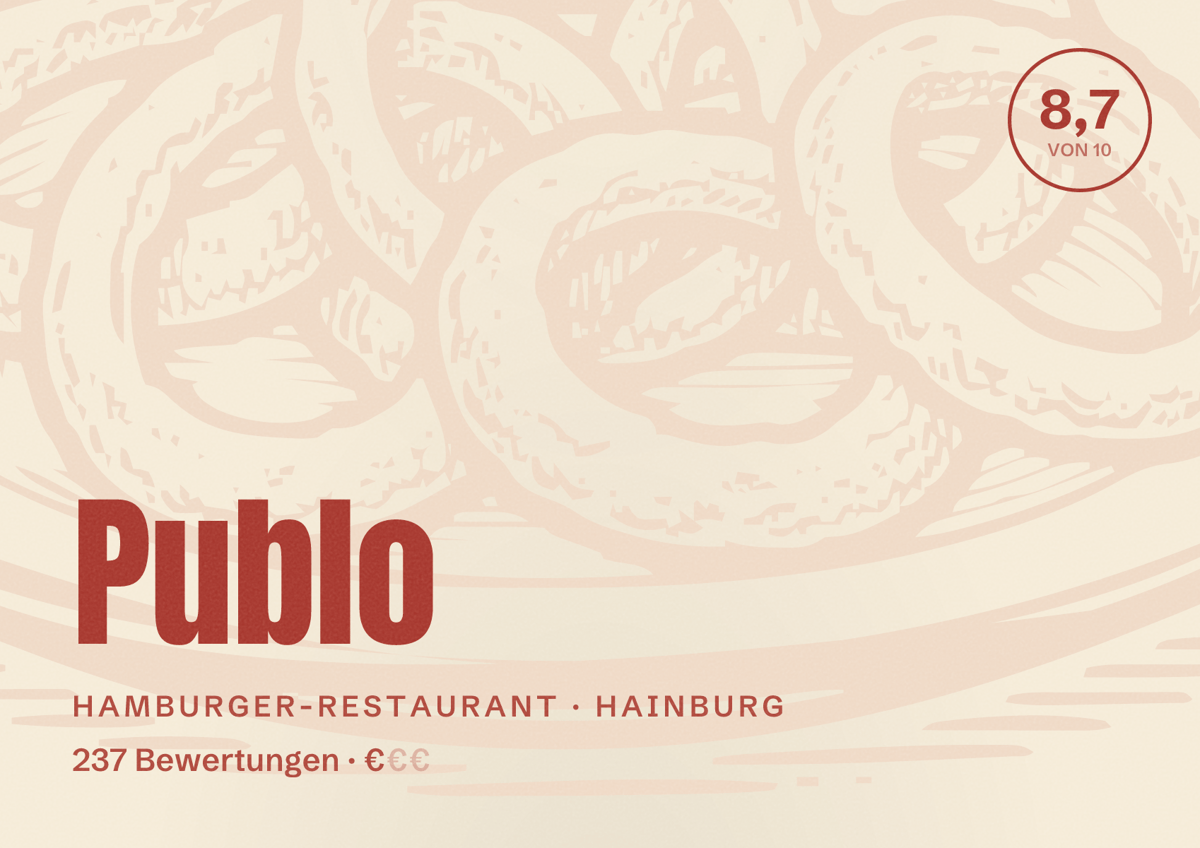Illustriertes Poster von Publo, Hamburger-Restaurant in Hainburg: Bewertung 8,7 von 10 aus 237 Bewertungen, Preisniveau €