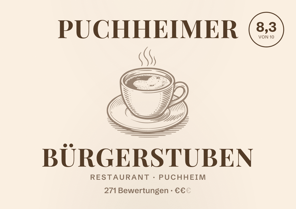 Illustriertes Poster von Puchheimer Bürgerstuben, Restaurant in Puchheim: Bewertung 8,3 von 10 aus 271 Bewertungen, Preisniveau €€
