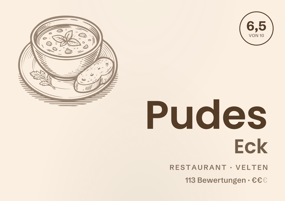 Illustriertes Poster von Pudes Eck, Restaurant in Velten: Bewertung 6,5 von 10 aus 113 Bewertungen, Preisniveau €€