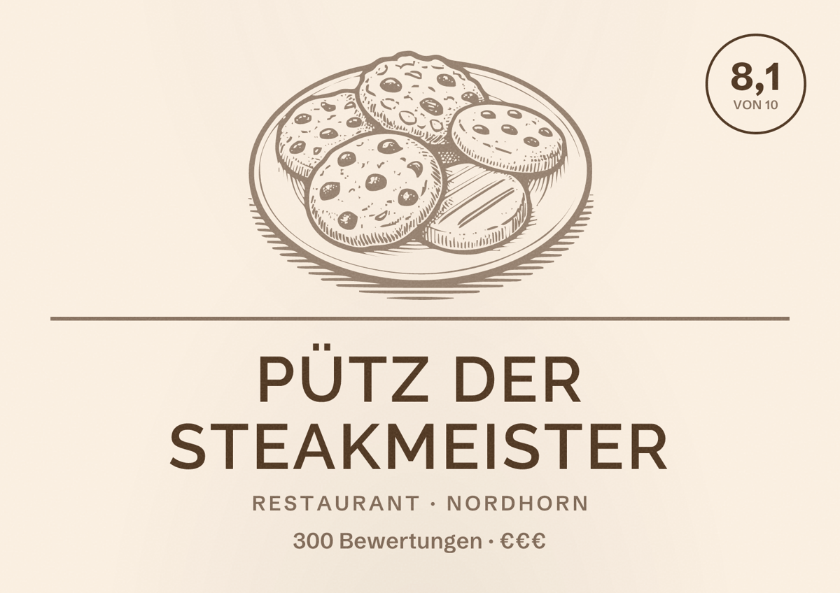 Illustriertes Poster von Pütz der Steakmeister, Restaurant in Nordhorn: Bewertung 8,1 von 10 aus 300 Bewertungen, Preisniveau €€€