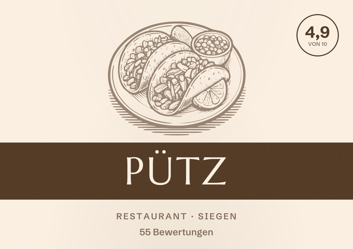 Illustriertes Poster von Pütz, Restaurant in Siegen: Bewertung 4,9 von 10 aus 55 Bewertungen