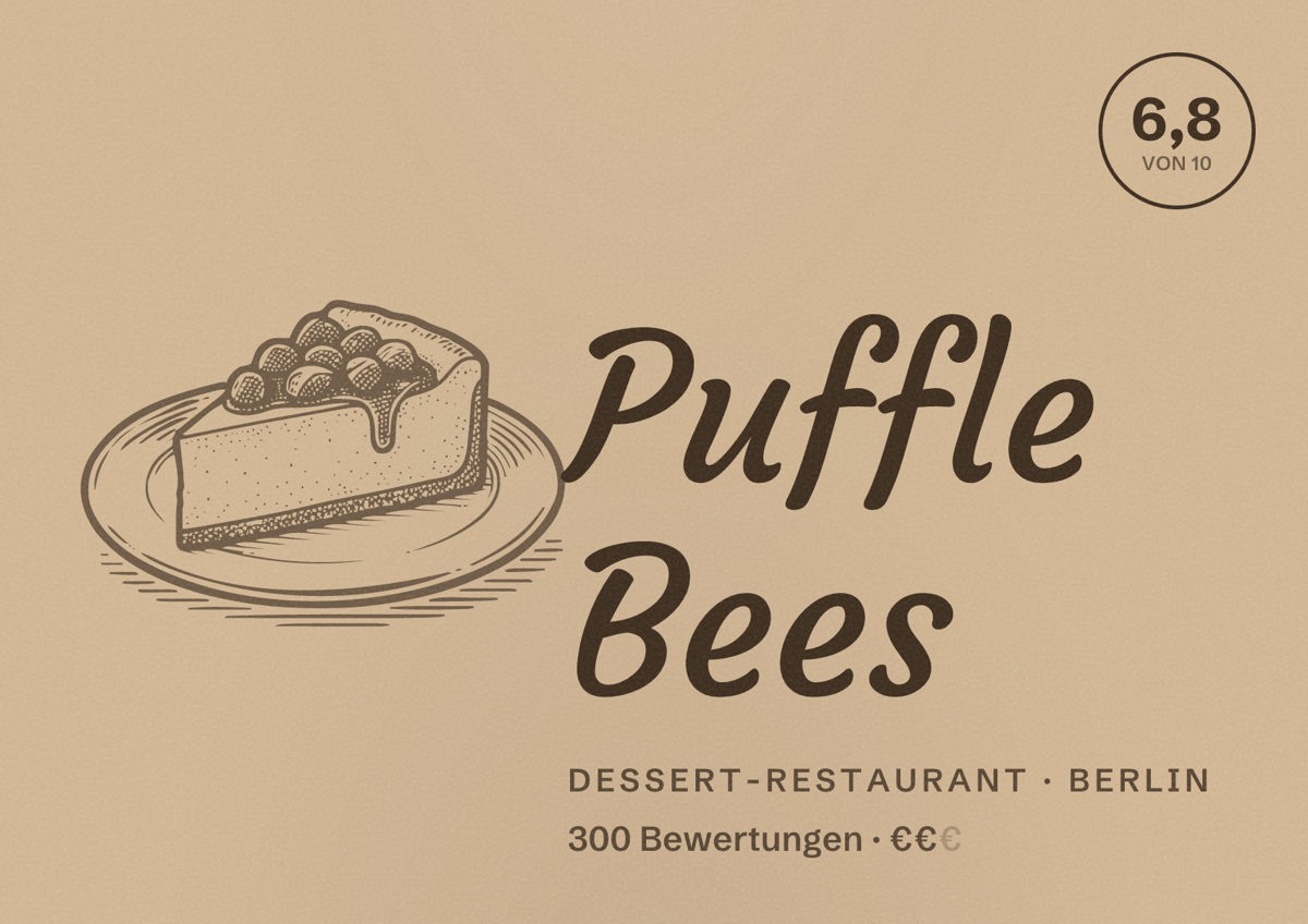 Illustriertes Poster von Puffle Bees, Dessert-Restaurant in Berlin: Bewertung 6,8 von 10 aus 300 Bewertungen, Preisniveau €€