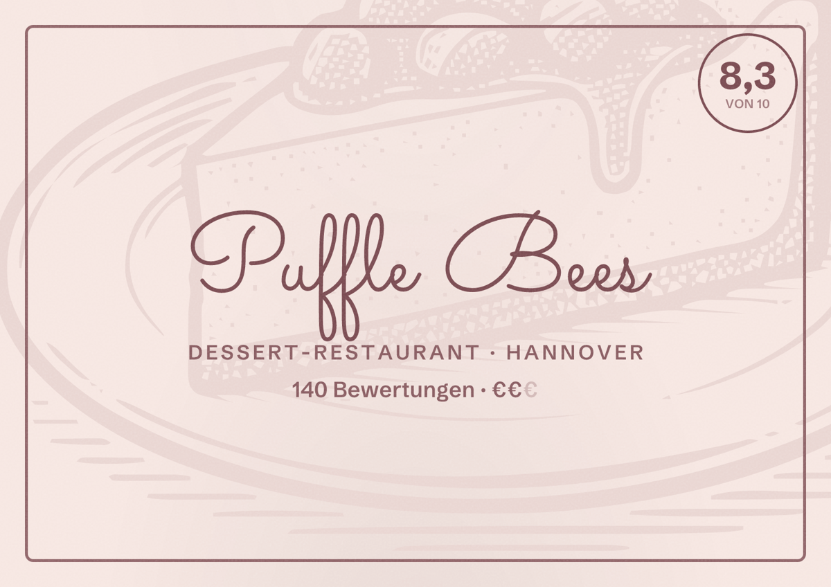 Illustriertes Poster von Puffle Bees, Dessert-Restaurant in Hannover: Bewertung 8,3 von 10 aus 140 Bewertungen, Preisniveau €€
