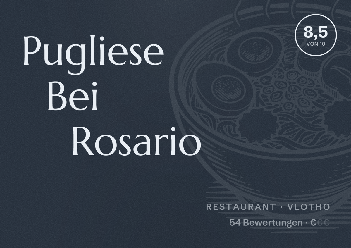 Illustriertes Poster von Pugliese Bei Rosario, Restaurant in Vlotho: Bewertung 8,5 von 10 aus 54 Bewertungen, Preisniveau €