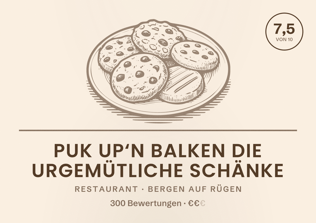 Illustriertes Poster von Puk up‘n Balken die urgemütliche Schänke, Restaurant in Bergen auf Rügen: Bewertung 7,5 von 10 aus 300 Bewertungen, Preisniveau €€