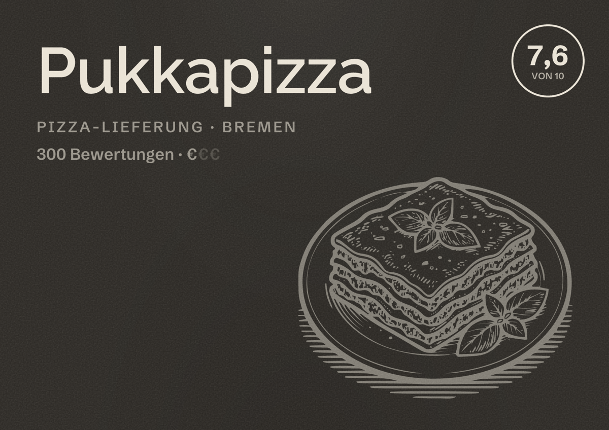 Illustriertes Poster von Pukkapizza, Pizza-Lieferung in Bremen: Bewertung 7,6 von 10 aus 300 Bewertungen, Preisniveau €