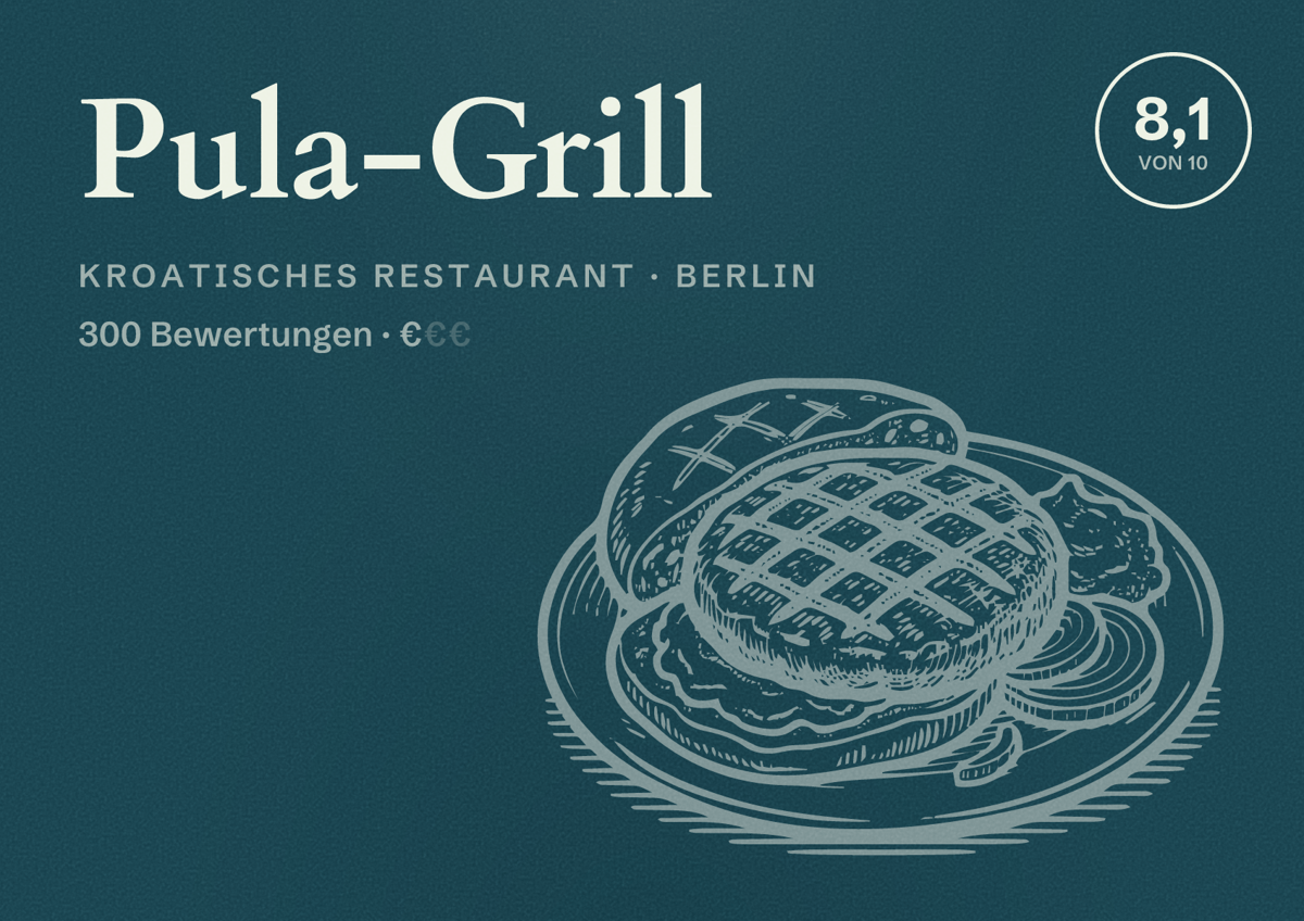Illustriertes Poster von Pula-Grill, Kroatisches Restaurant in Berlin: Bewertung 8,1 von 10 aus 300 Bewertungen, Preisniveau €