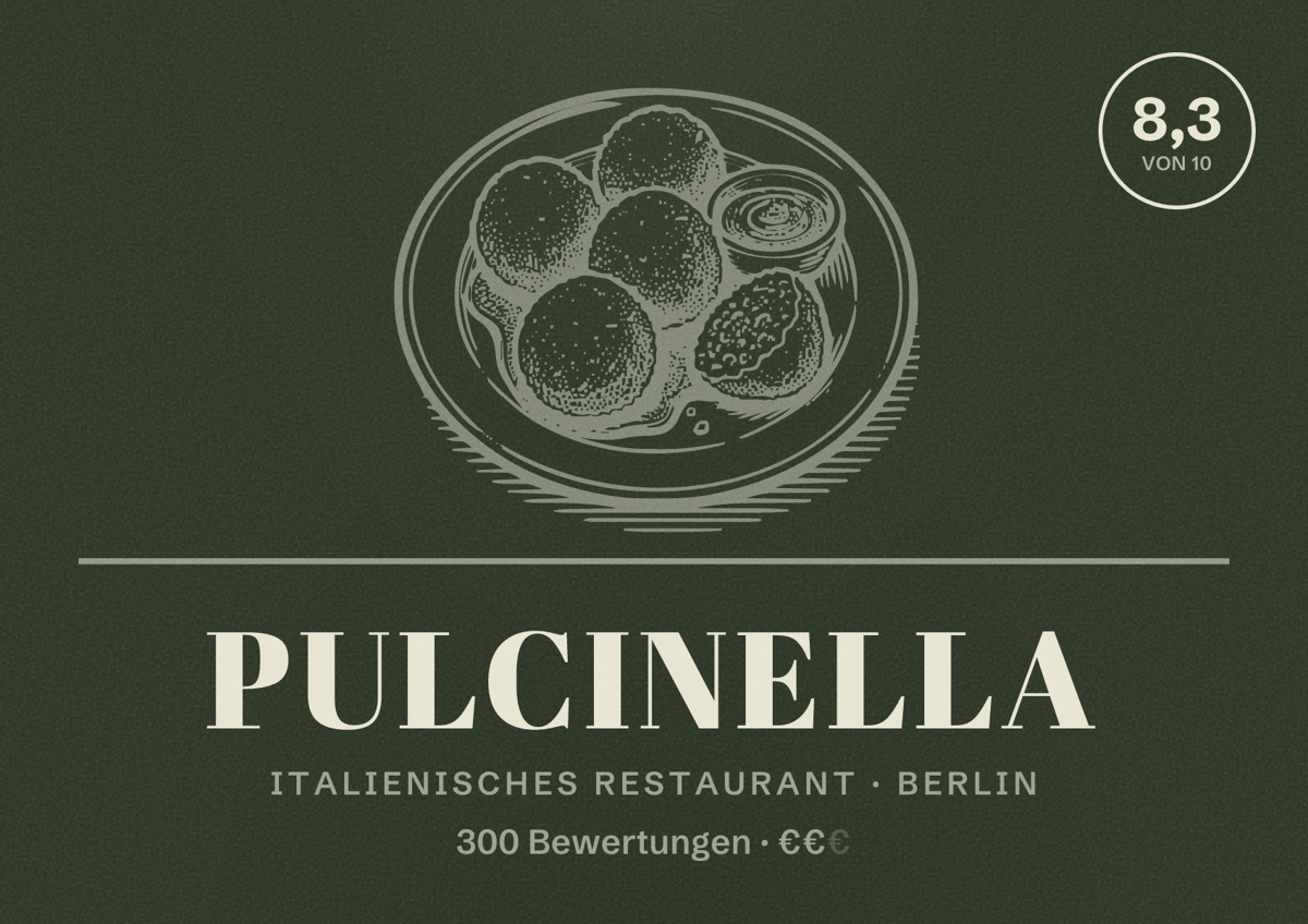 Illustriertes Poster von Pulcinella, Italienisches Restaurant in Berlin: Bewertung 8,3 von 10 aus 300 Bewertungen, Preisniveau €€