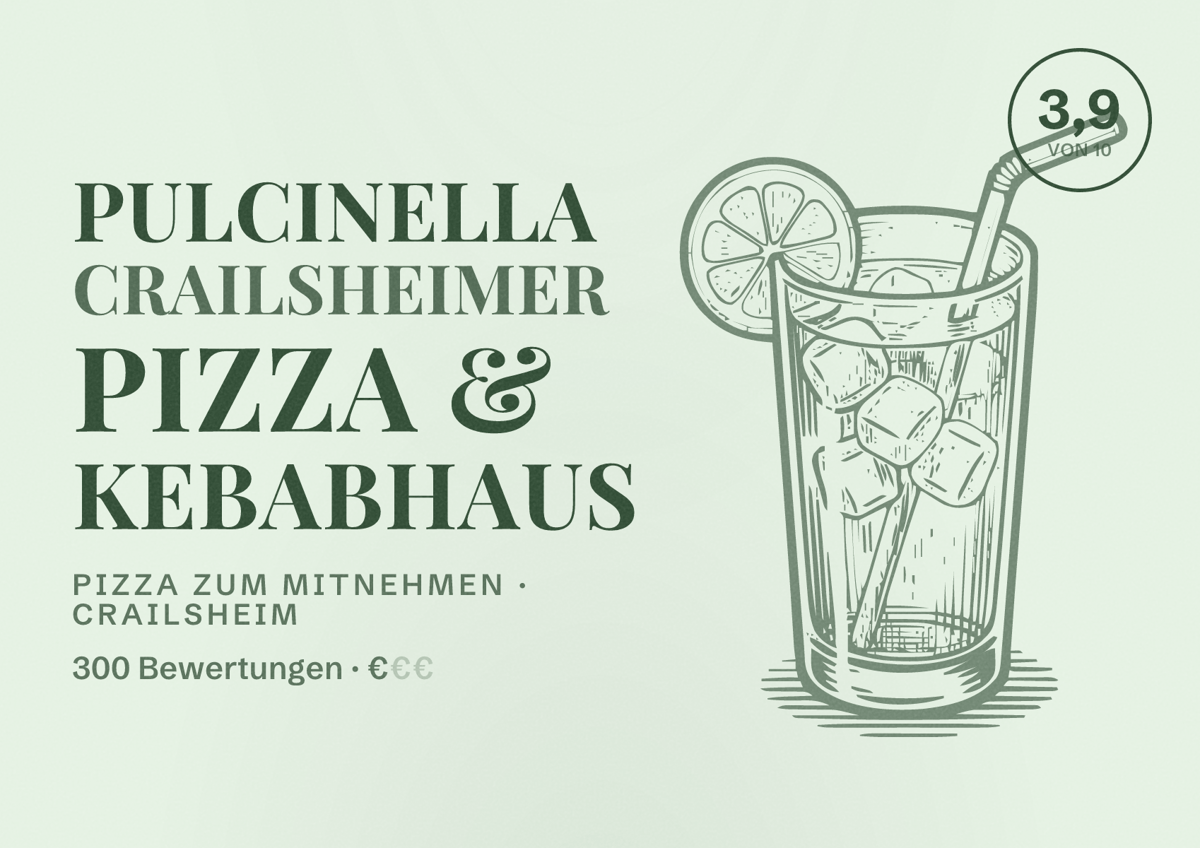 Illustriertes Poster von Pulcinella Crailsheimer Pizza & Kebabhaus, Pizza zum Mitnehmen in Crailsheim: Bewertung 3,9 von 10 aus 300 Bewertungen, Preisniveau €