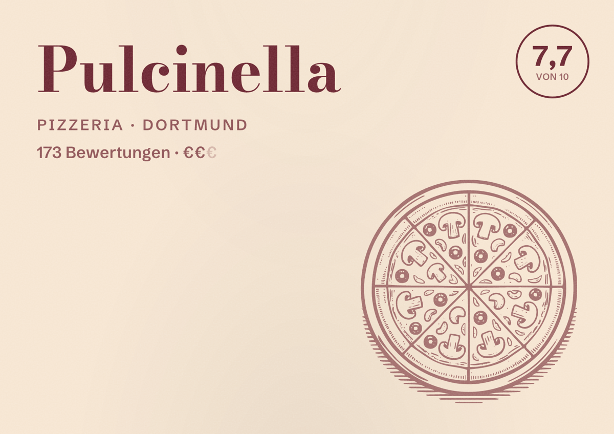 Illustriertes Poster von Pulcinella, Pizzeria in Dortmund: Bewertung 7,7 von 10 aus 173 Bewertungen, Preisniveau €€