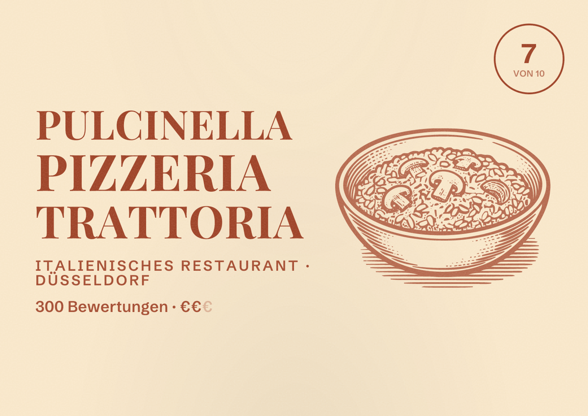 Illustriertes Poster von Pulcinella Pizzeria Trattoria, Italienisches Restaurant in Düsseldorf: Bewertung 7 von 10 aus 300 Bewertungen, Preisniveau €€
