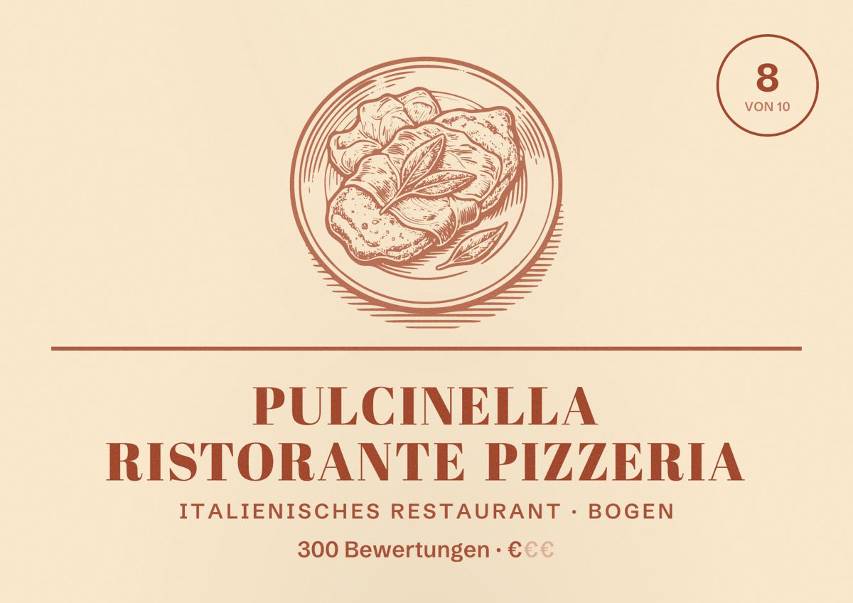 Illustriertes Poster von Pulcinella Ristorante Pizzeria, Italienisches Restaurant in Bogen: Bewertung 8 von 10 aus 300 Bewertungen, Preisniveau €