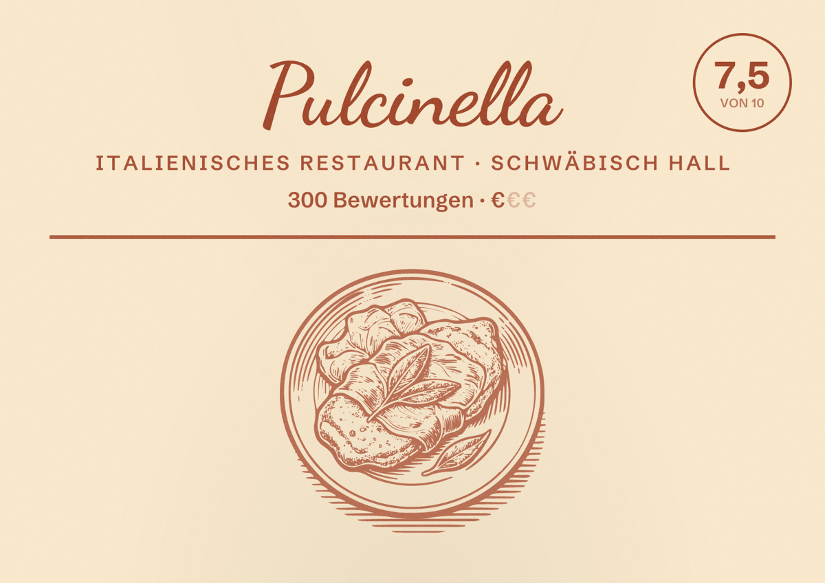 Illustriertes Poster von Pulcinella, Italienisches Restaurant in Schwäbisch Hall: Bewertung 7,5 von 10 aus 300 Bewertungen, Preisniveau €