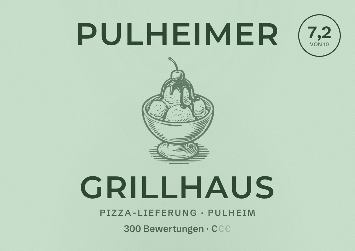 Illustriertes Poster von Pulheimer Grillhaus, Pizza-Lieferung in Pulheim: Bewertung 7,2 von 10 aus 300 Bewertungen, Preisniveau €