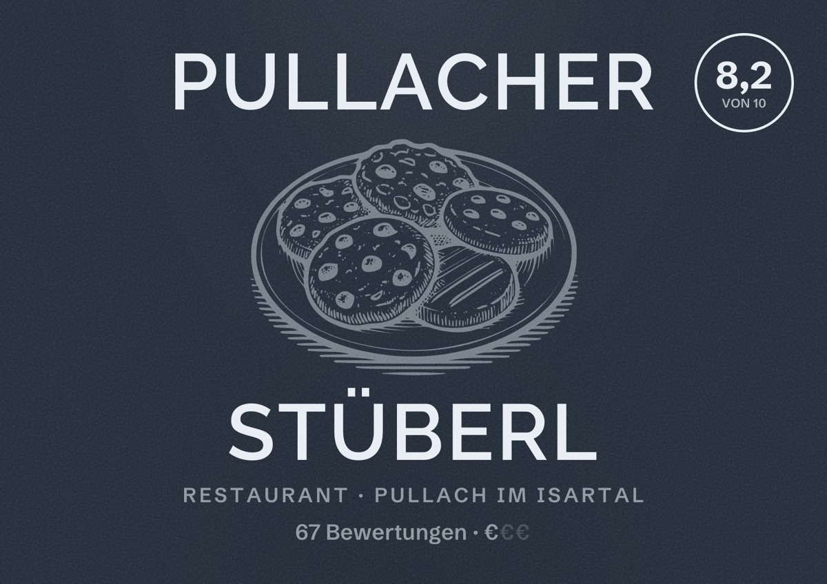 Illustriertes Poster von Pullacher Stüberl, Restaurant in Pullach im Isartal: Bewertung 8,2 von 10 aus 67 Bewertungen, Preisniveau €